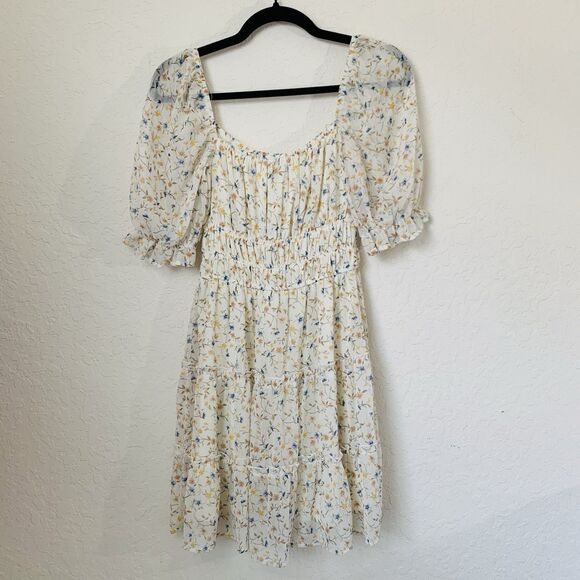 Blue Rain Dress Women S Beige Ditsy Floral Mini Puff Cottagecore Peasant Boho - Picture 1 of 12